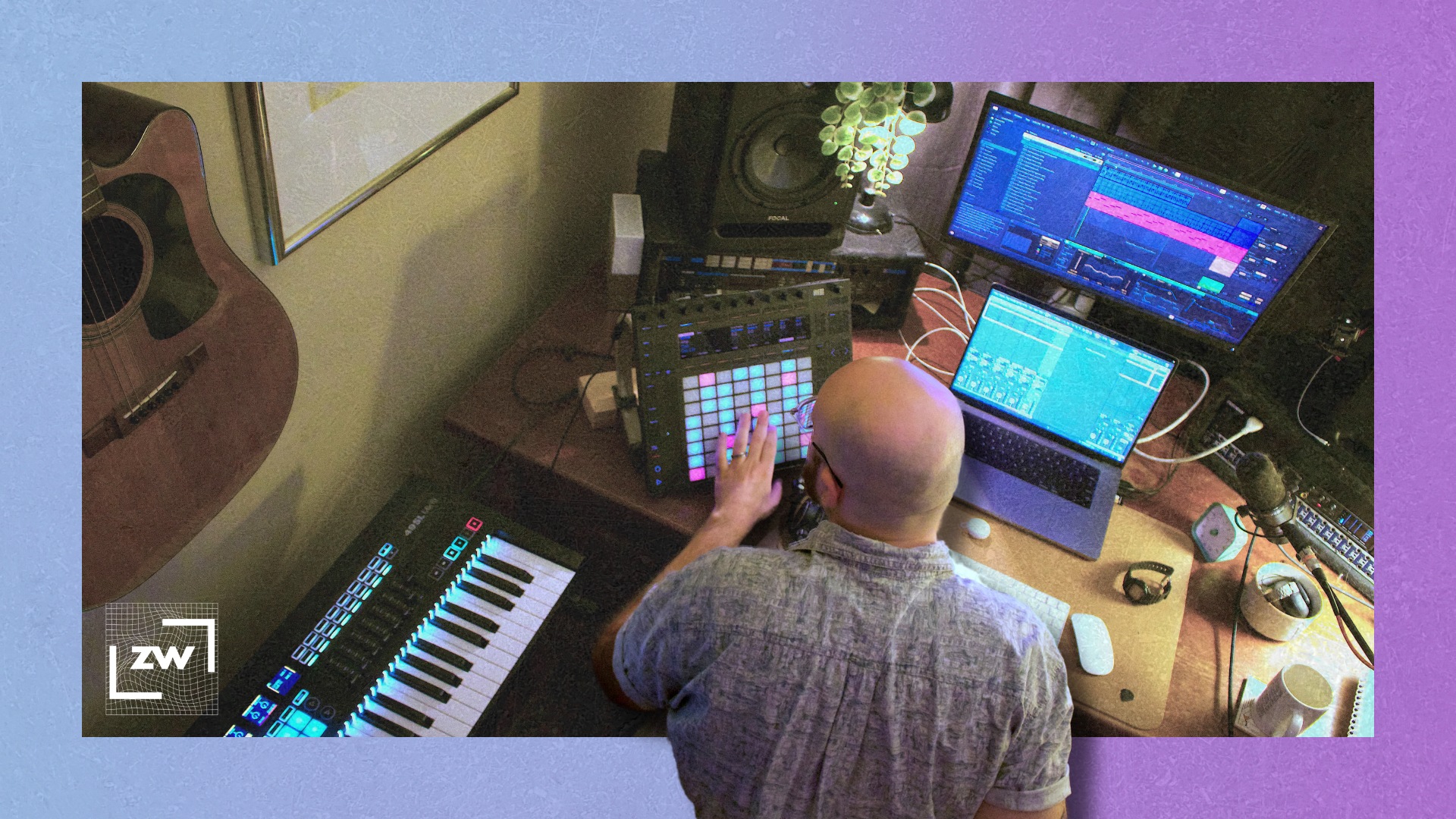 Image of me playing an Ableton Push 2 against a pink and blue backdrop.