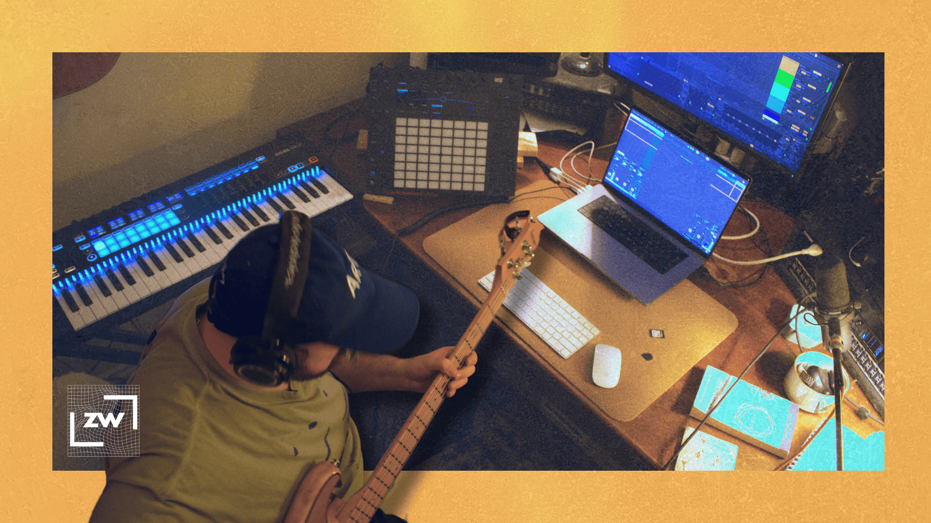 Overhead view of me playing bass at my desk