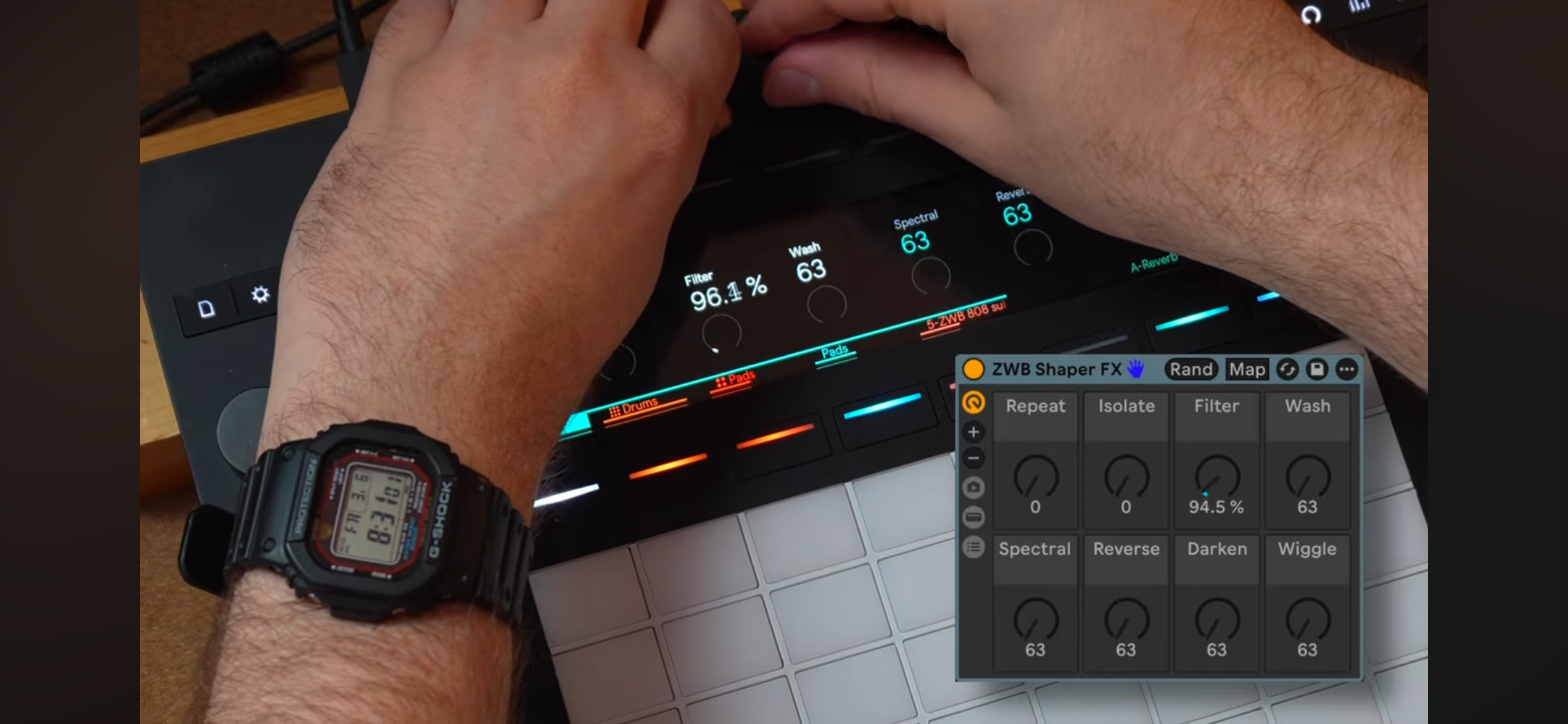 Still from a video of me performing using Ableton Push 3 with an overlay of an audio effect rack.