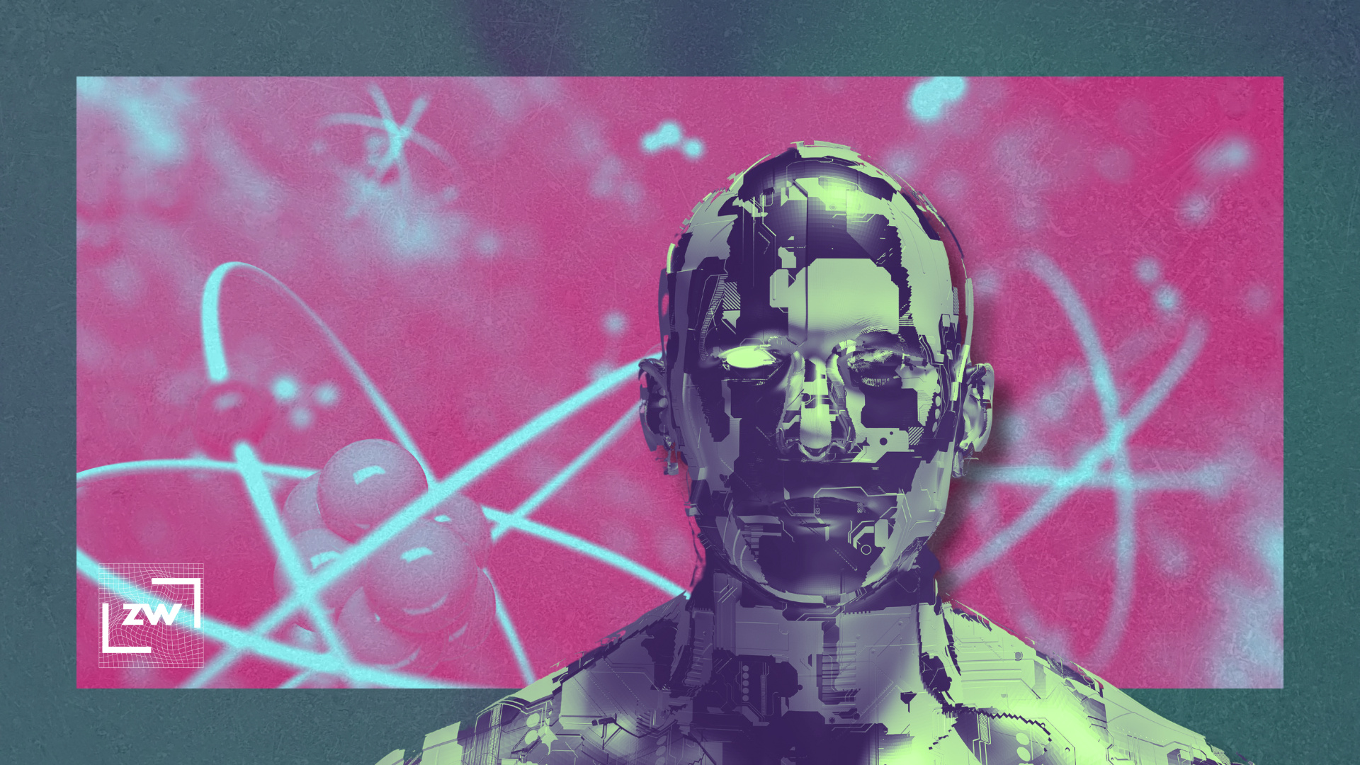 image of an atom superimposed beneath a 3d rendering of a personified AI